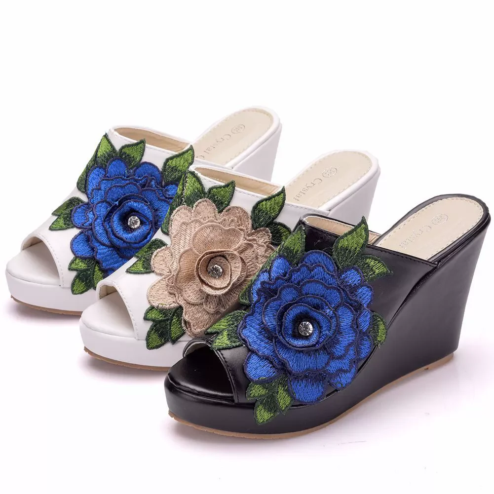 

Summer new fish beak open toe blue flower slope heel waterproof platform PU slippers casual high-heeled large size women sandals