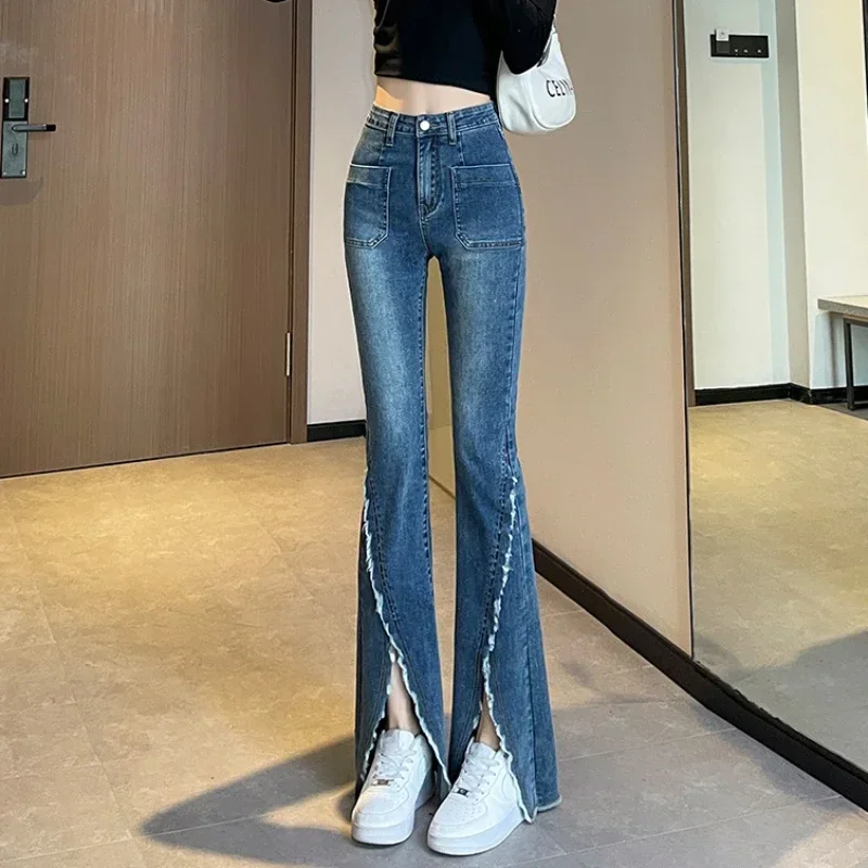 

With Slits Blue Women's Jeans High Waist Shot Pants for Woman Trousers Loosefit Hippie Fitted Vibrant 2024 Korean Style Pant A Z