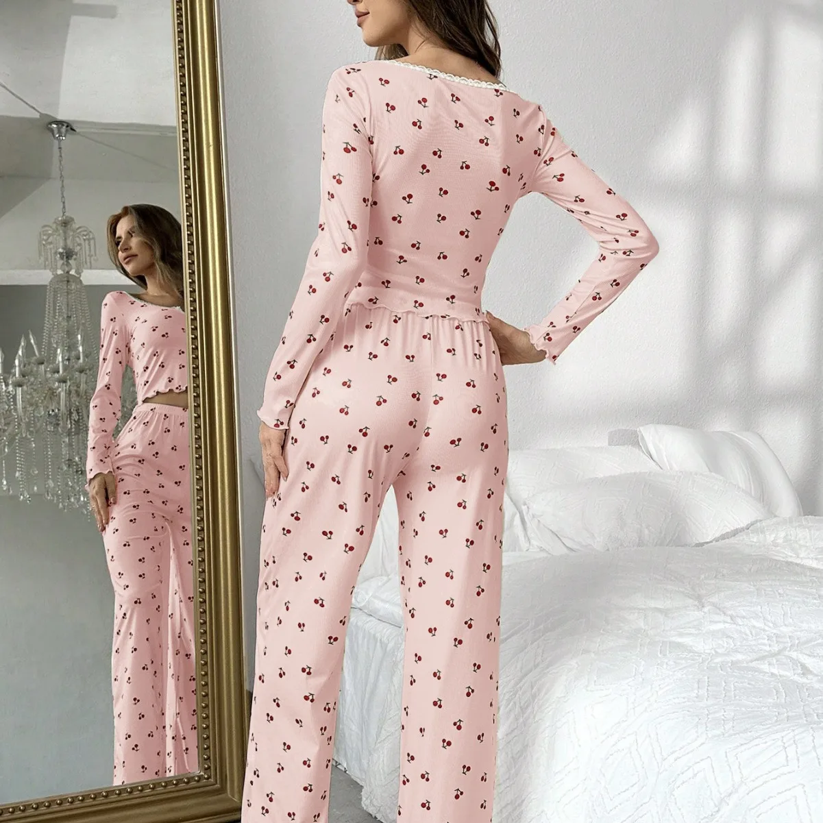 2024 Women\'s Pajama Set Cherry Print Sleepwear Long Pants and Long sleeves Two-piece V-neck Fashon Home Wear Pyjamas Autumn Pjs