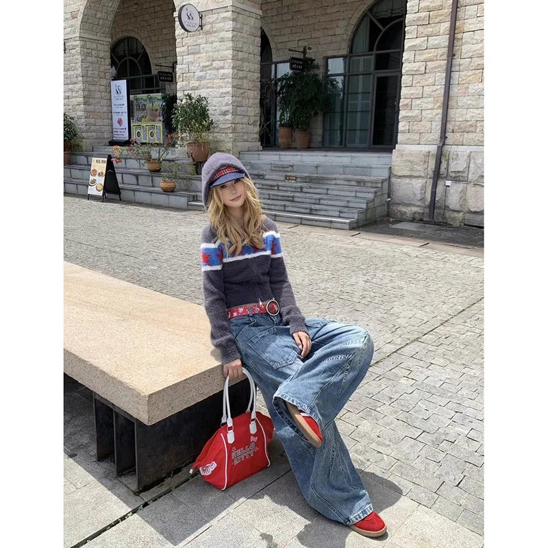 女性ヴィンテージブルーバギーY2kカーゴジーンズアメリカンレトロ2000年代原宿デニムパンツストリートウェアオーバーサイズデニムパンツ