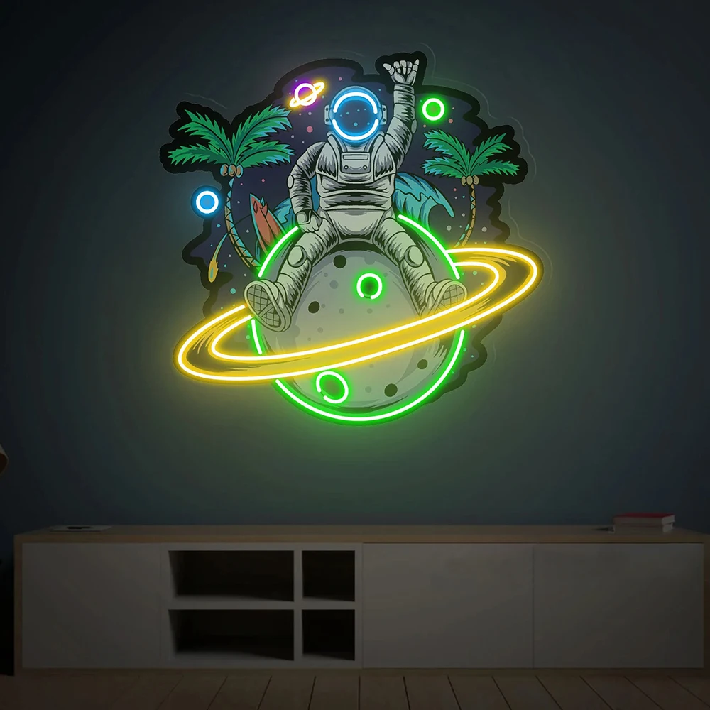 Astronaut sitzt auf dem Planeten LED-Neonschild Licht benutzerdefinierte Neonschilder Spielzimmer Dekor Wand Schlafzimmer Haus Raumschiff für Kinder Geschenk