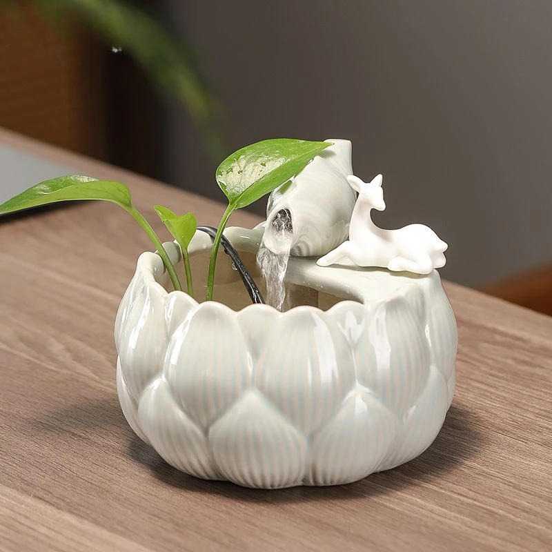 Office Ceramic Fountain Meditation Calming Waterfall Hydroponic Vase Fish Tank Feng Shui Water Feature Home Decor Powered - view 2