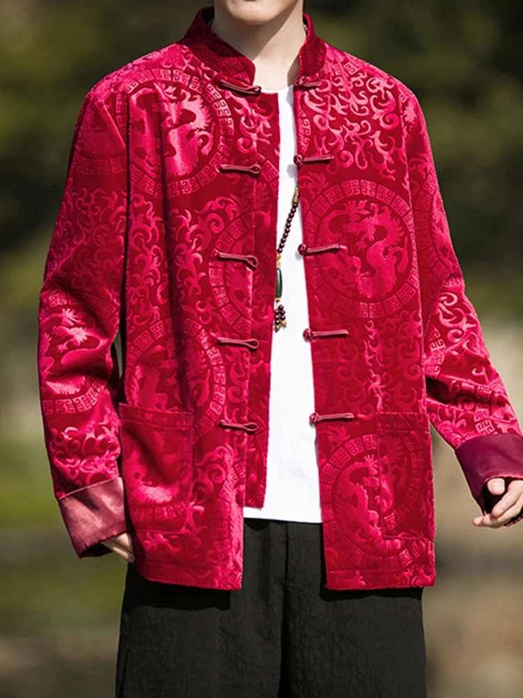 

New Chinese Sle Embroidered Jaet Men's Spring Autumn Loose Hanfu Youth Zhongan Suit Single Button Long Sve Casual Ou...