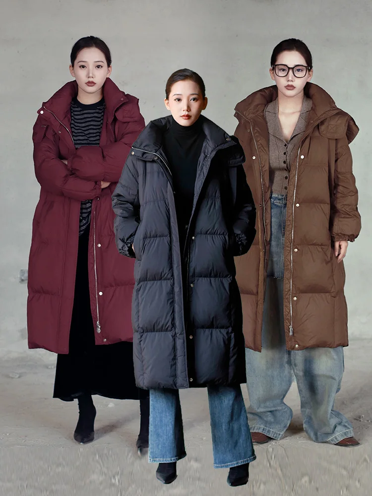 Chericom Chaqueta larga de plumón con capucha y cordón, abrigos holgados para mujer, abrigo acolchado de relleno de plumón de pato grueso para mujer Y308179Y