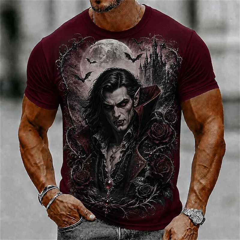 Men's Spring/Summer 3D-Printed Crew-Neck T-Shirt Burgundy Castle Black Rose Vampire Dark Gothic Halloween Street Style Top