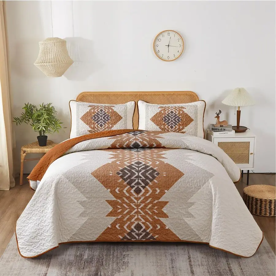 

Boho Quilt Set King Size 3 Pieces Aztec Texture Bedspread Coverlet Set Bohemian Quilt Bedding Set Microfiber Lightweight Bed Cov