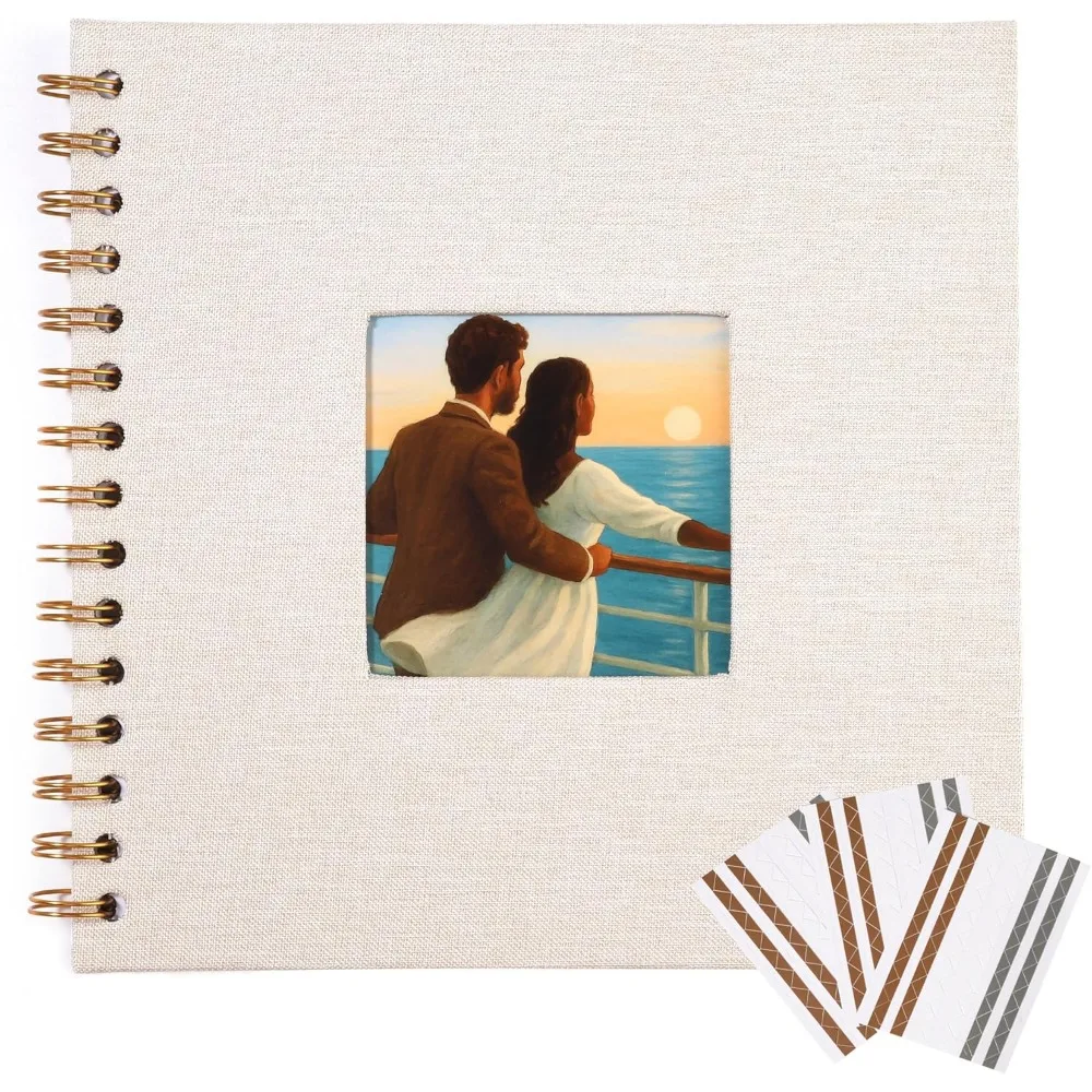 

Beige Linen Scrapbook with Photo Window, 7x7 Inch Hardcover Album, 40 White Pages + Corner Stickers, DIY Memory Book for Wedding