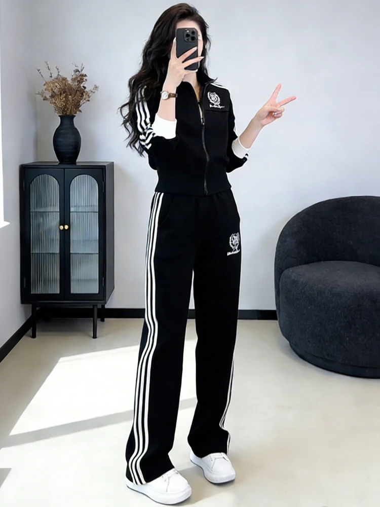 

Faionable Sweatirt Wide Leg Pants Set Women's Spring New Arrival Stand Collar Zipper Closure Casual Sportswear Ensemble