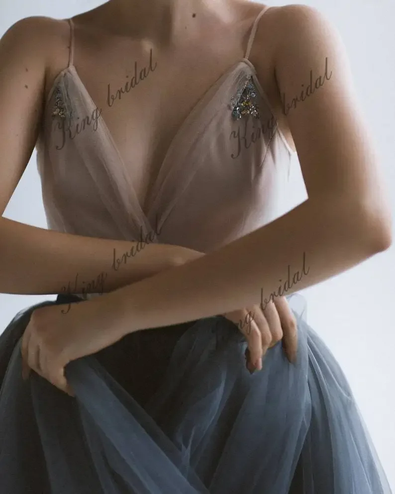 Custom Made Dark Blue Wedding Dress Tulle Bridal Full Dress, Bridal Bow Sash Dress Bride Simple Wedding Party Evening Dresses