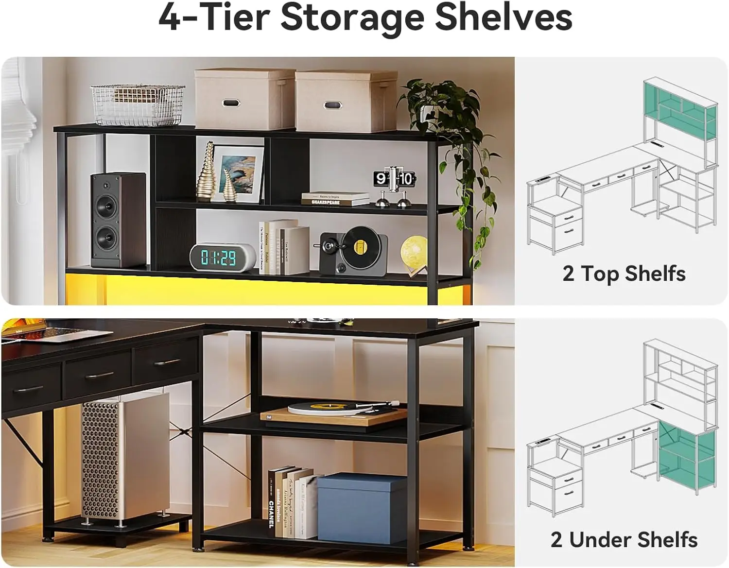 79' L型ゲーミングデスク、引き出し5つ、LEDライト、コンセント2つ付き、ブラック