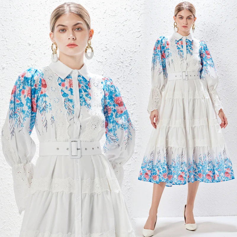 

Real Shot Australian Niche Heavy Patchwork Lace Positioning Print Single-Breasted Dress Long Dress Vacation Dress