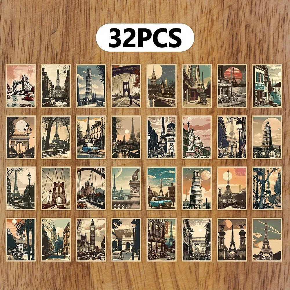 32PCS Retro Travel Architecture Postcard Set, Retro Architecture Landscape Gift Card, Suitable for Scrapbook and Handmade