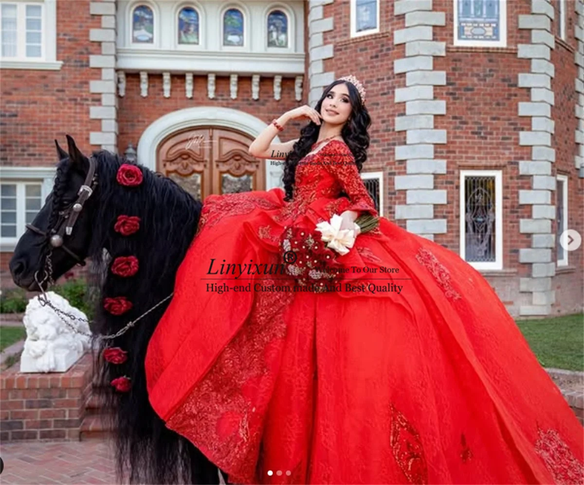 เจ้าหญิงชุดบอล Quinceanera ชุด Appliques ลูกไม้ที่กําหนดเองปิดไหล่รัดตัวหวาน 16 Vestidos De 15 XV Años