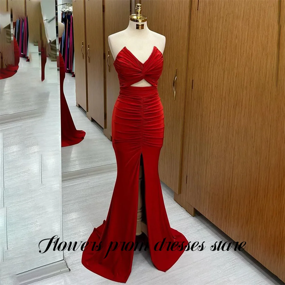 

Flowers Red Sexy 프롬 드레 Stain Strapless Prom Gown Trumpet with Split Party Dresses Ruffled Layers for Formal Event Customized
