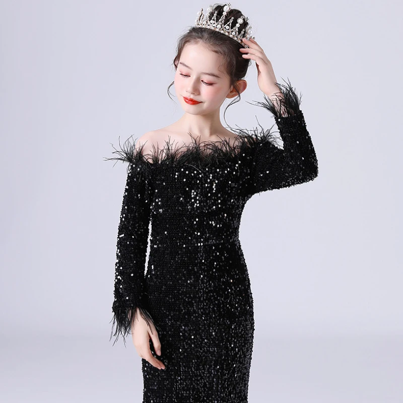 Child Girl Black Gown Strapless Off Shoulder Backless Long Sleeve Floor Length Feather Sequin Wedding Evening Party Maxi Dresses