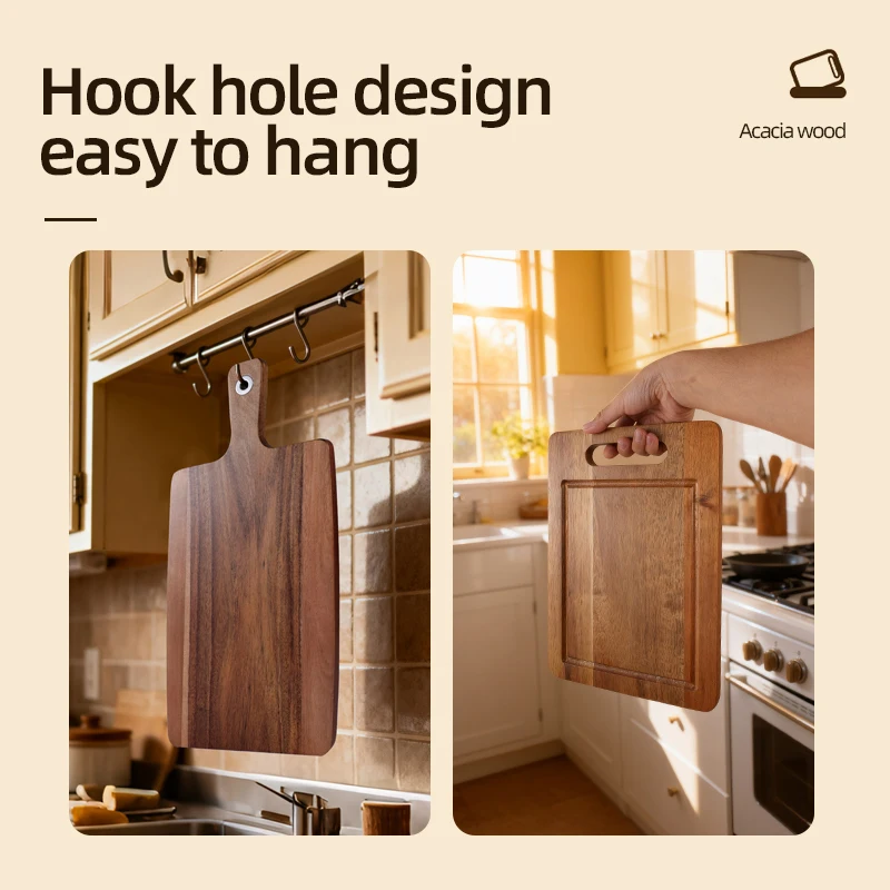 لوح تقطيع خشب السنط مع مقبض كتلة تقطيع خشبية لوح تقطيع الجزار لأداة المطبخ الآمنة للطعام واللحوم والفواكه #4