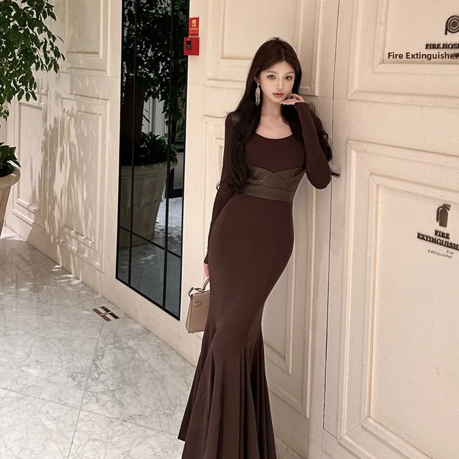Sexy High Waist Slimming Fish Tail Dress Long Sleeve Commute Style Korean Version H Type Silhouette V Neckline  Color
