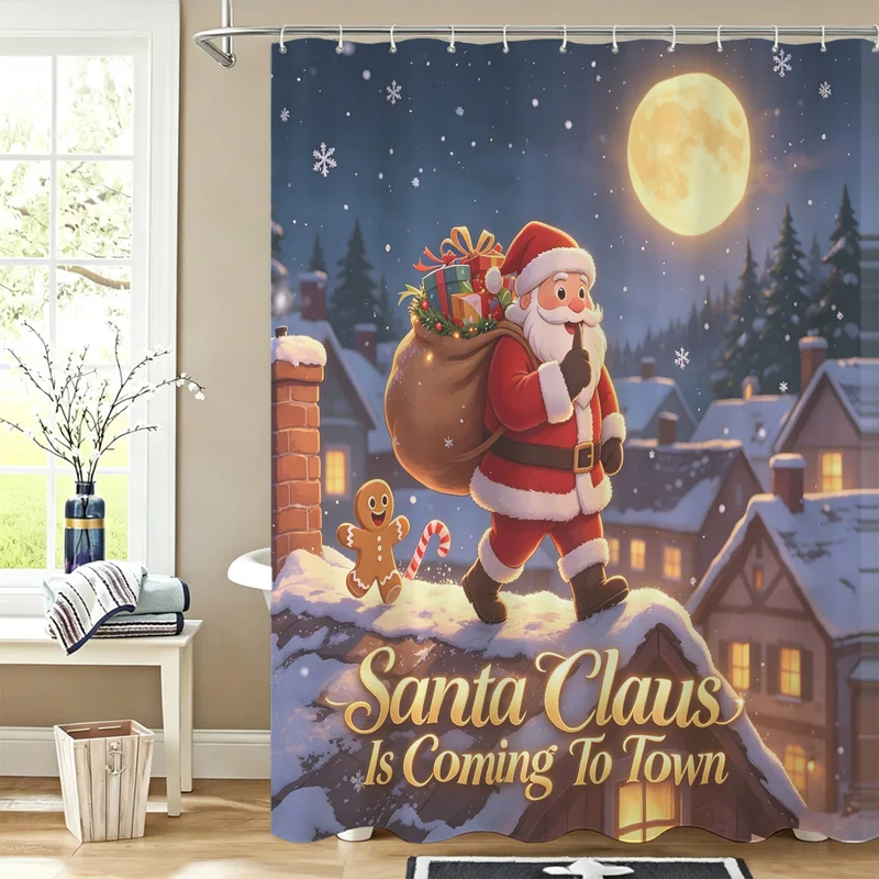 Christmas Shower Curtain,Polyester,180cmx180cm,Thick Opaque，Waterproof&Mildew‑proof,Santa Claus Gingerbread Man Snow Scene Print