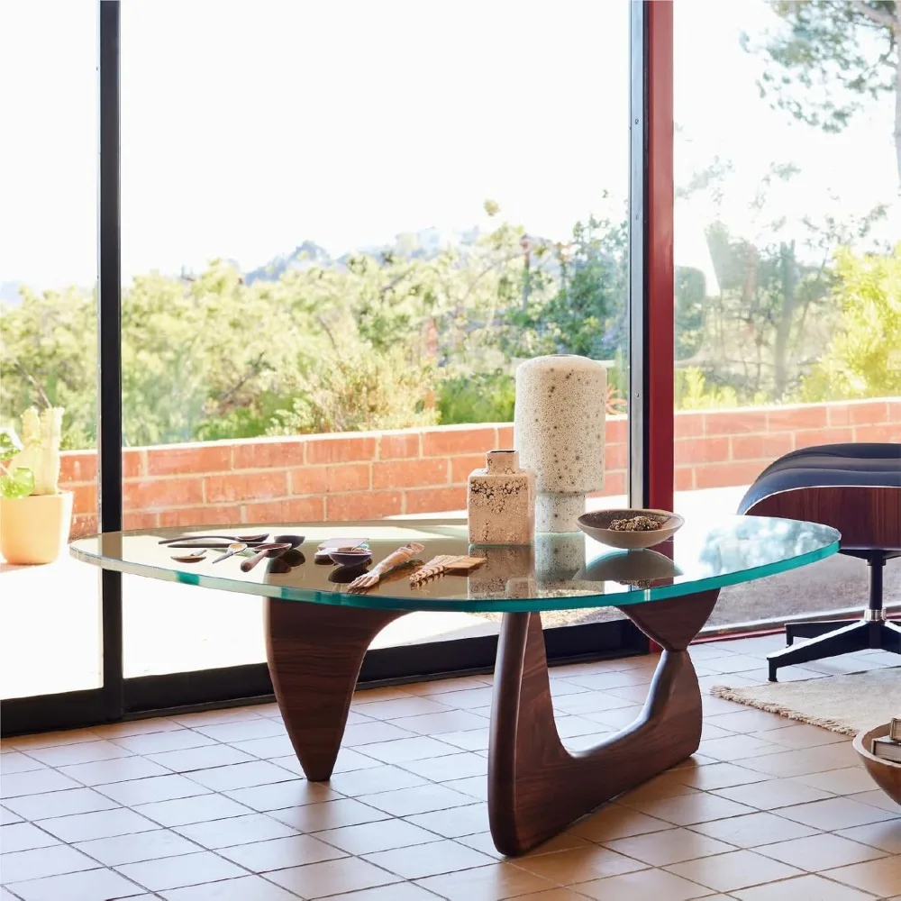 Mesa de centro de vidro triangular com base final de madeira maciça moderna, mesas de café