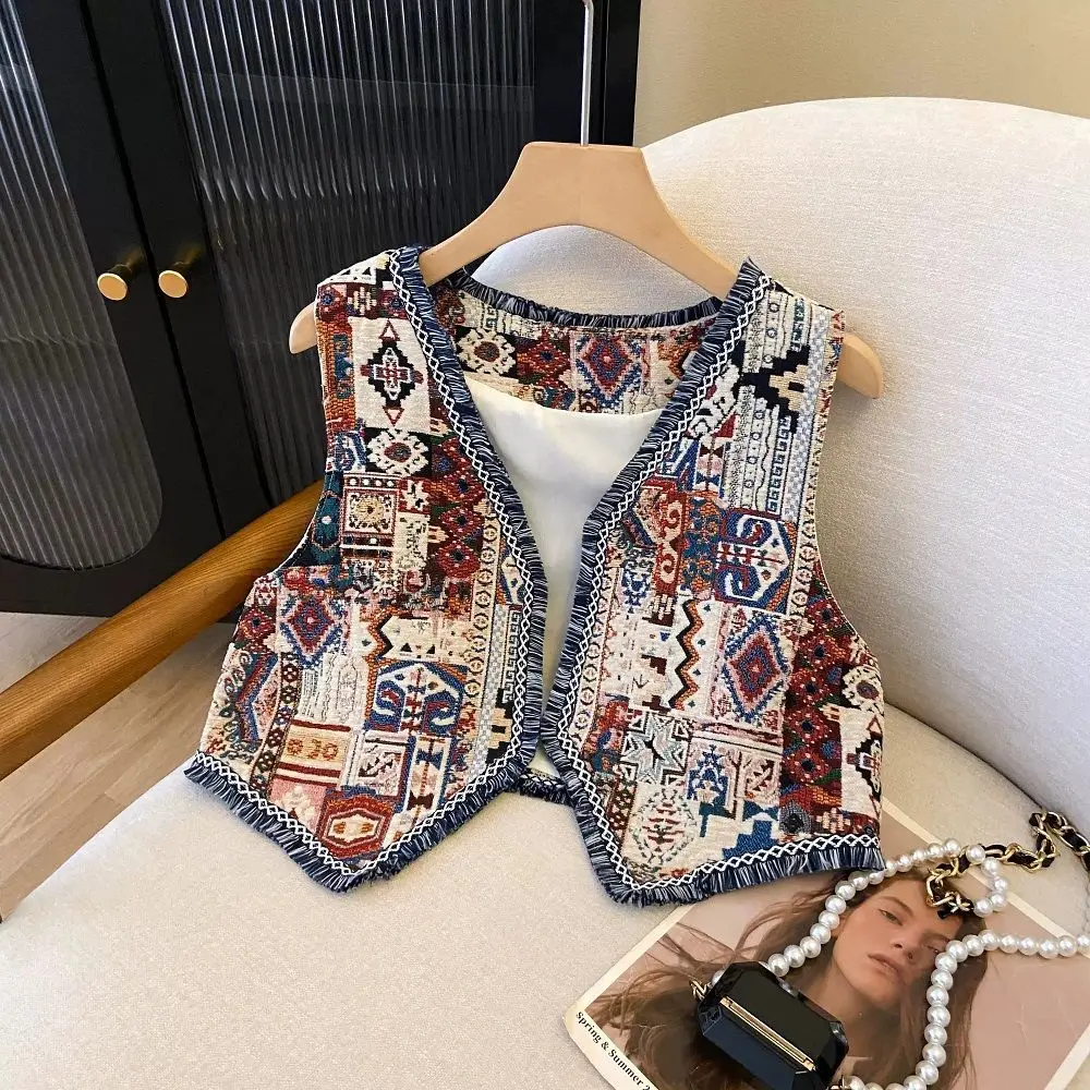 Gilet Jacquard géométrique bohème pour femmes, avec bordure à franges, flair marocain, haut court sans manches de voyage pour la prairie, pour le style ethnique