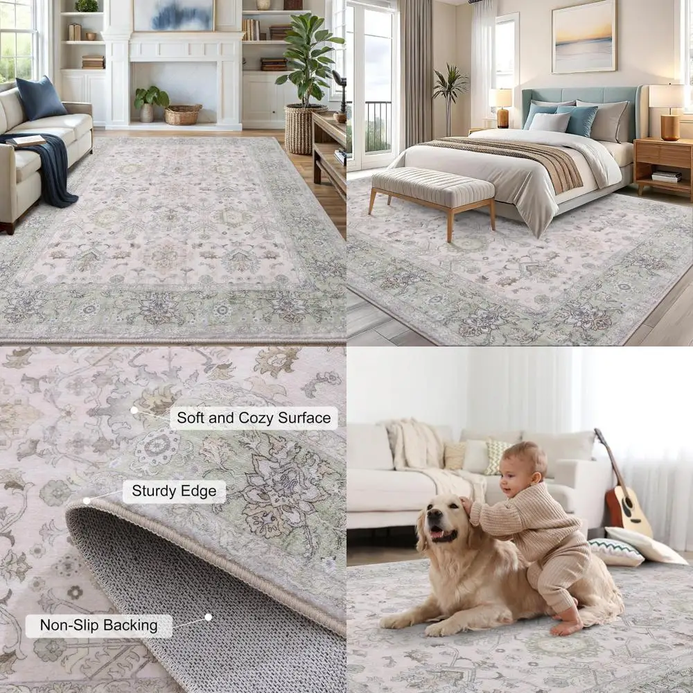 

Large 8x10 Machine Washable Area Rugs - Non-Slip, Soft Floor Coverings for Living Spaces, Bedrooms, Offices, and Dining Areas