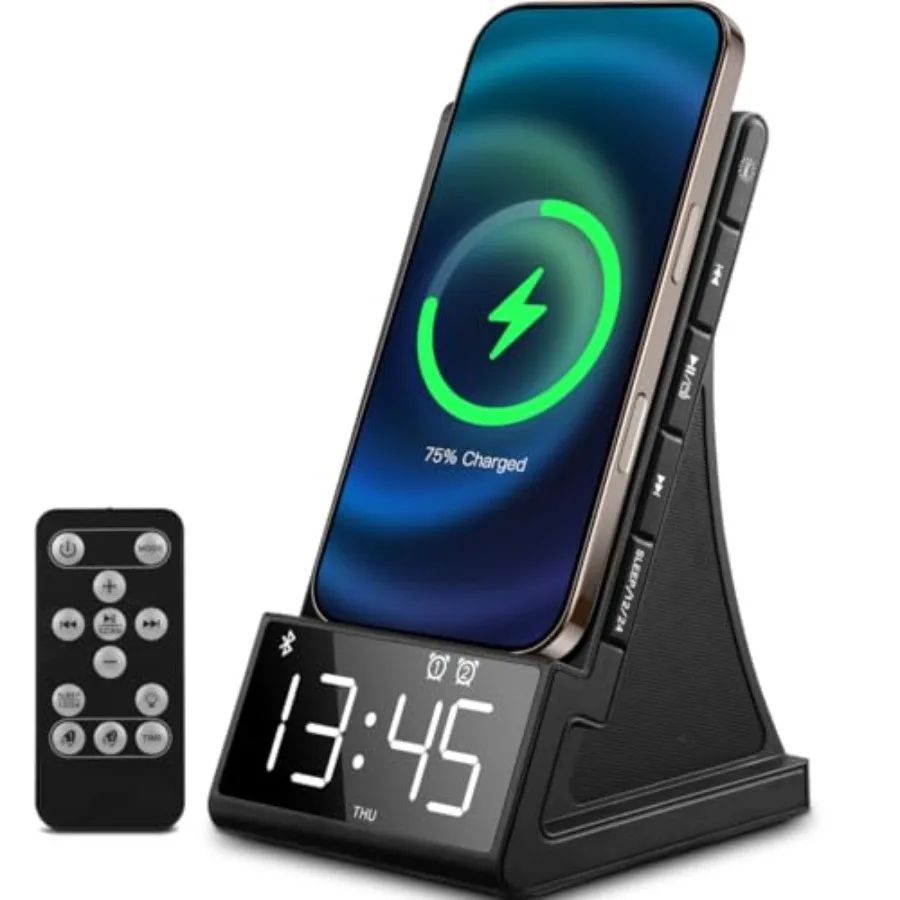 

8-in-1 Wireless Charging Station with Bluetooth Speaker, Alarm Clock, FM Radio, Remote Control, Fast Charging Dock Compatible w