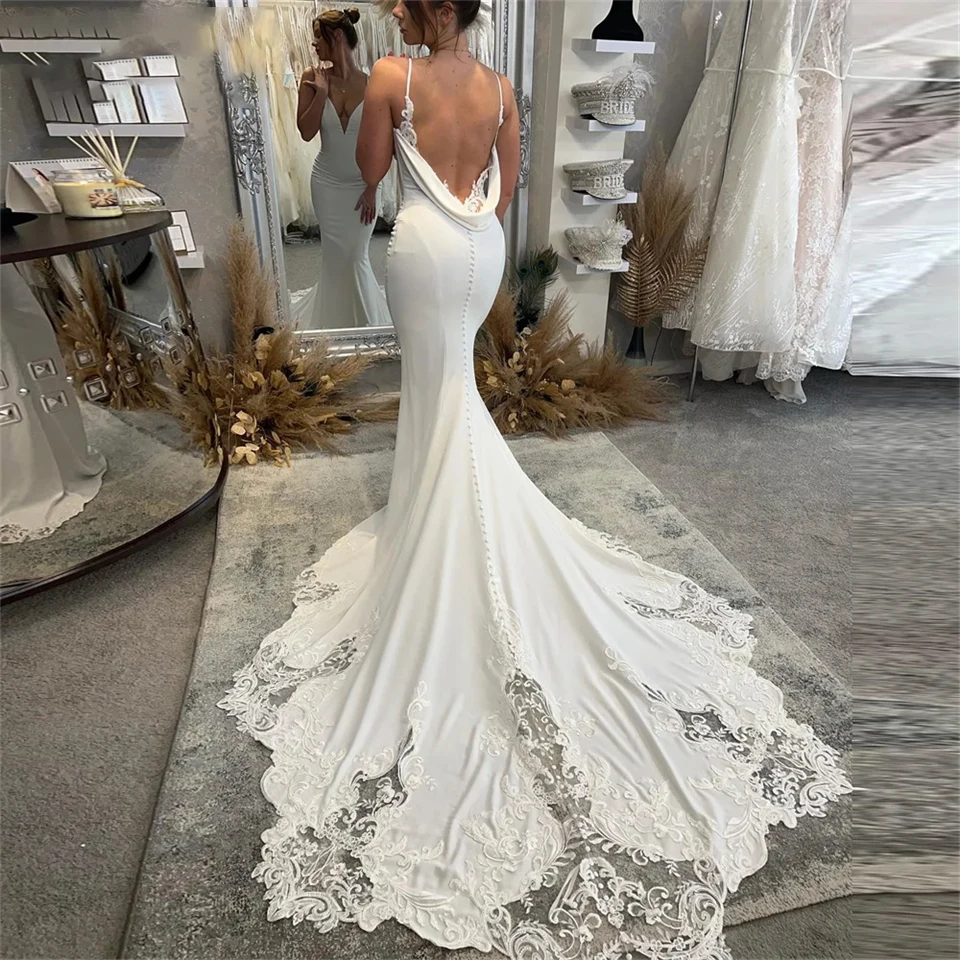 Sexy Deep V-Neck Spaghetti Strap Backless Lace Satin Wedding Dress 2024 Button Mermaid Court Train Floor Length Bridal Gown