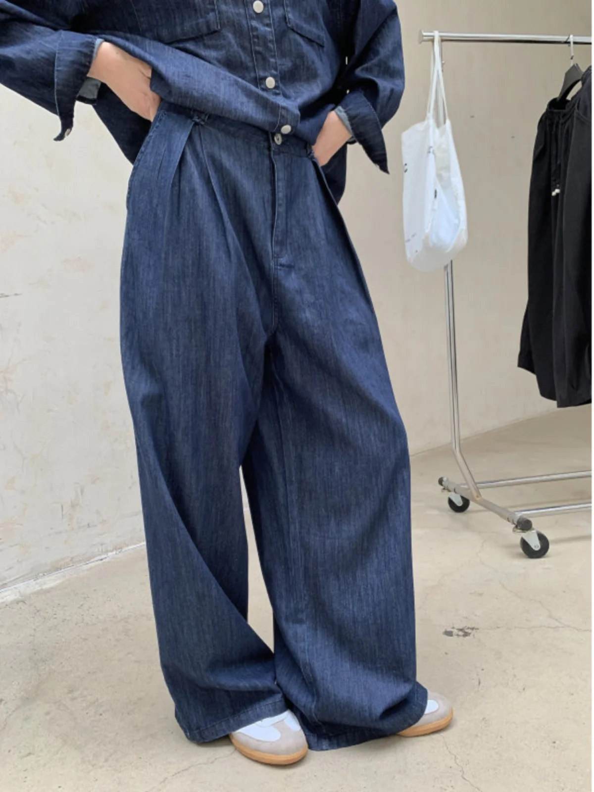 

Loose Women's Jeans High Waist mid Stretch Denim Blue Lazy Style Fall Season Long Draping Straight Leg Dark Style Trendy