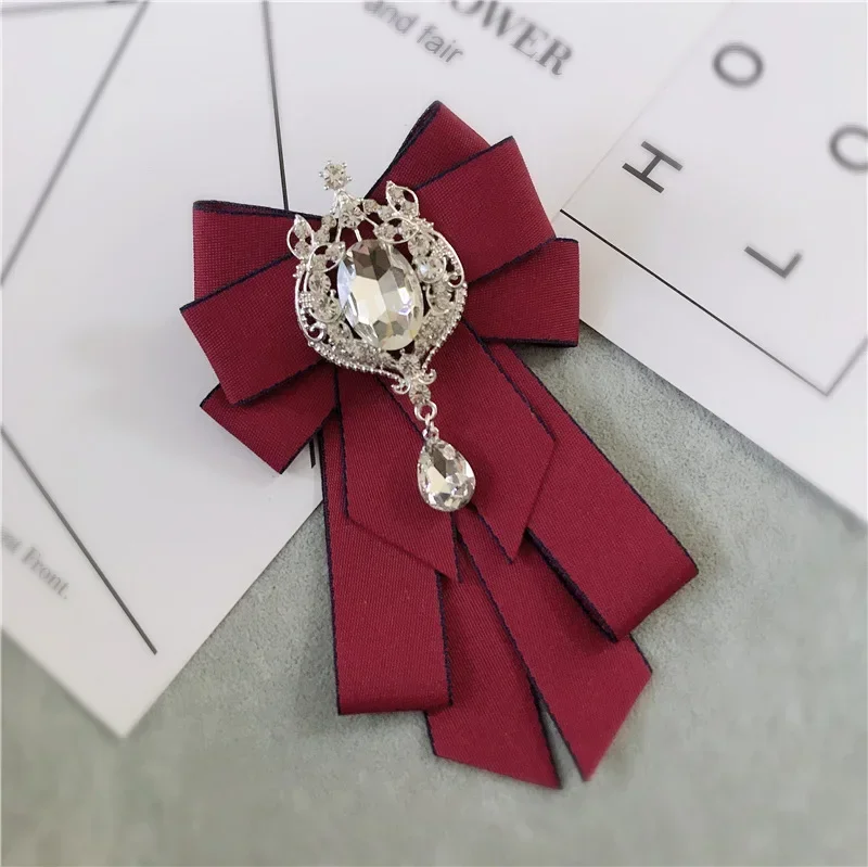 Korean Fabric Bow Tie Brooch Rhinestone Neck Ties Collar Pin Cravat Corsage Brooch Jewelry Luxury Gifts for Women Accessories