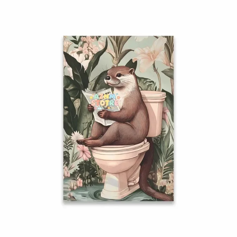 Zebra on Toilet Bathroom Poster Giraffe on Toilet Funny Bathroom Tiger Wall Art Prints Colorful Botanical Bathroom Art Poster