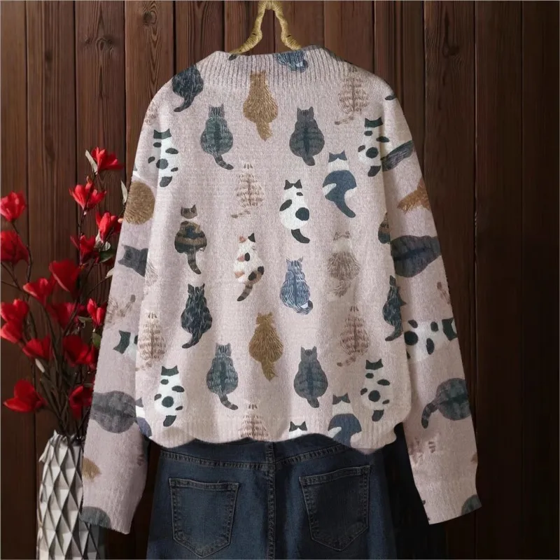 Pull à col rond pour femme, joli pull polyvalent, imprimé chat, automne et hiver, printemps 2025, nouvel article