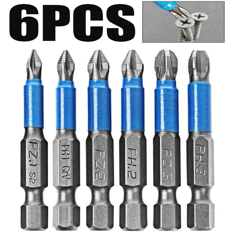 

6Pcs Non-Slip Magnetic Screwdriver Bit Set 50mm Hex Shank Phillips/Cross Head Screwdriver Drill Bit PH1/PH2/PH3/PZ1/PZ2/PZ3