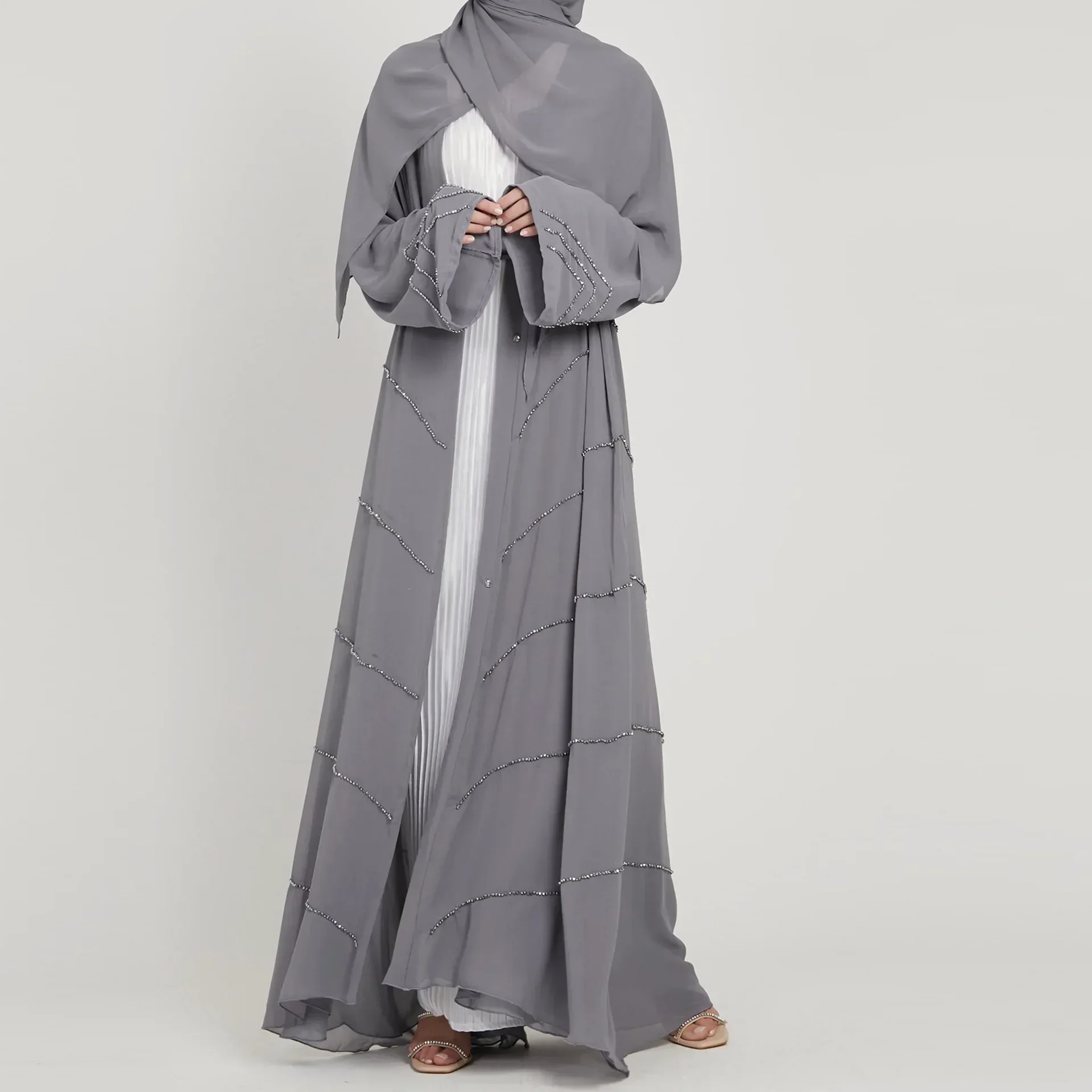 Imagem -05 - Abaya Aberto Frisado com Cinto para Mulheres Islam Kaftan Robe Vestido de Noite Luxuoso Dubai Hijab Muçulmano Quimono Saudita Festa à Noite