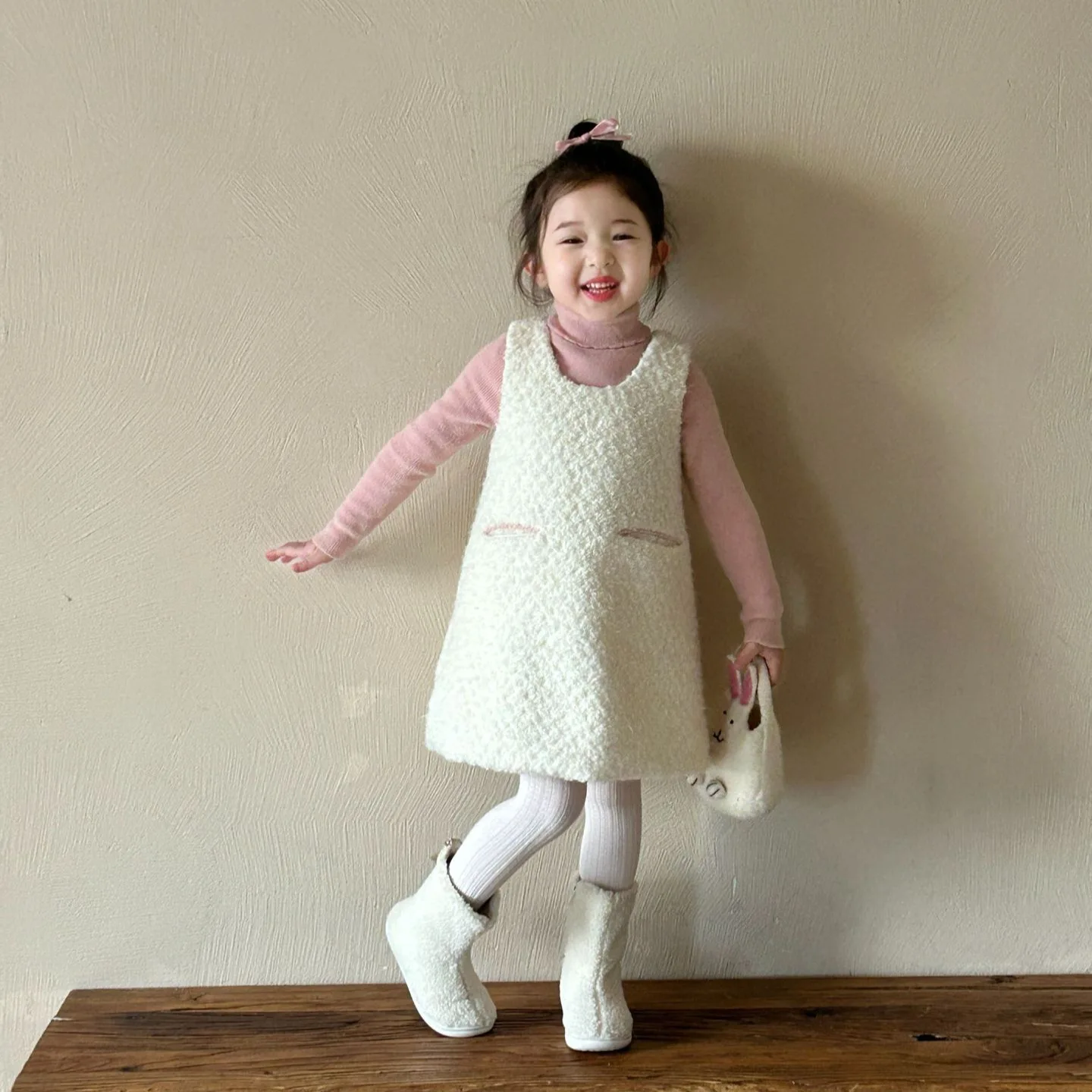 

Girls Suits 2024 New Winter Childrens Clothes Korean Style Baby Girls Pink Sweater Cotton Wool Sundress Two-piece Set Simple