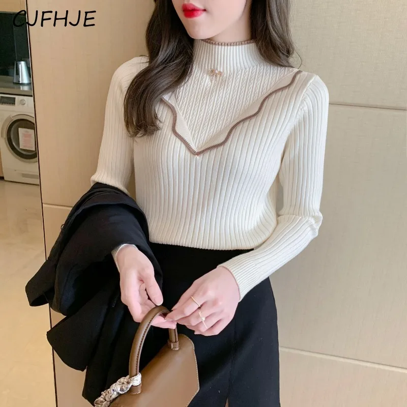 

CJFHJE New Women's Fashion Half High Neck Spliced Knitwear Spring Leisure Versatile Contrast Color Long Sleeved Women Sweater