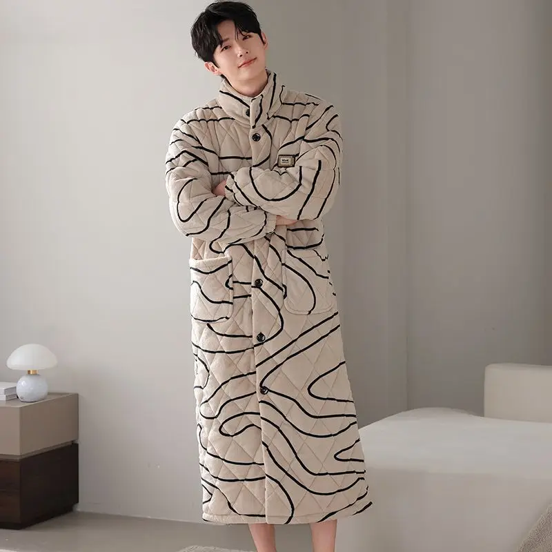 Men'S Thick Quilted Fleece Bathrobe Long Sleeve Stand Collar Button Down Warm Loungewear Robe With Pockets Beige Black Wave