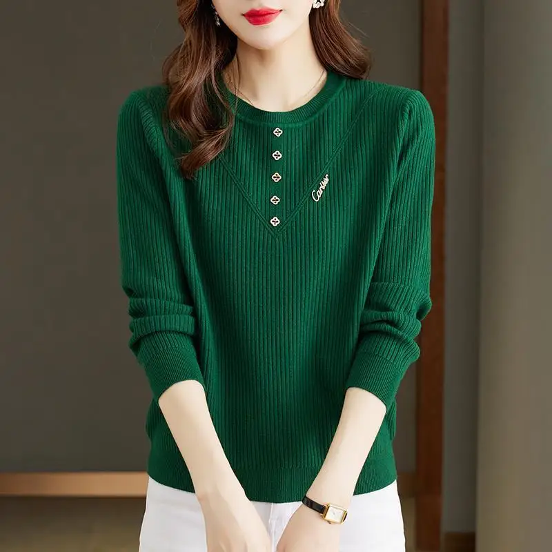 Office Lady Women's Clothing Solid Color Long Sleeve Rivet Round Neck Pullover Sweater Knitted Elegant Autumn Winter Tops