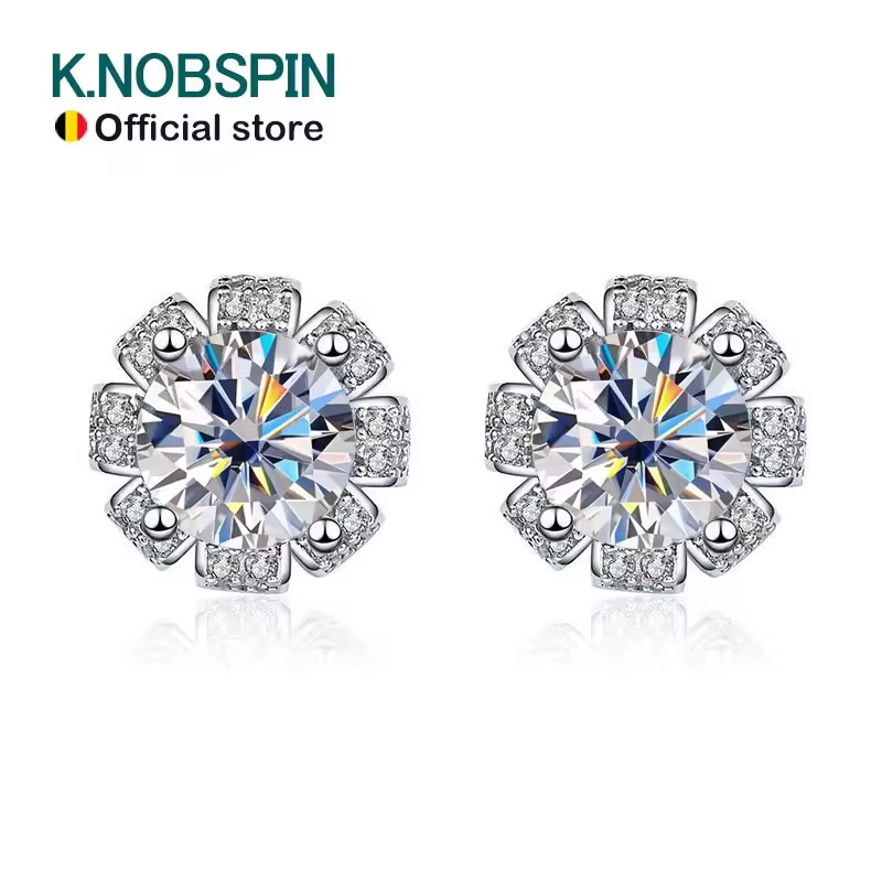 KNOBSPIN עגיל Moissanite 2ct s925 סטרלינג מצופה כסוף 18k זהב לבן תכשיטי חתונה אירוסין עגילי בורג לאישה