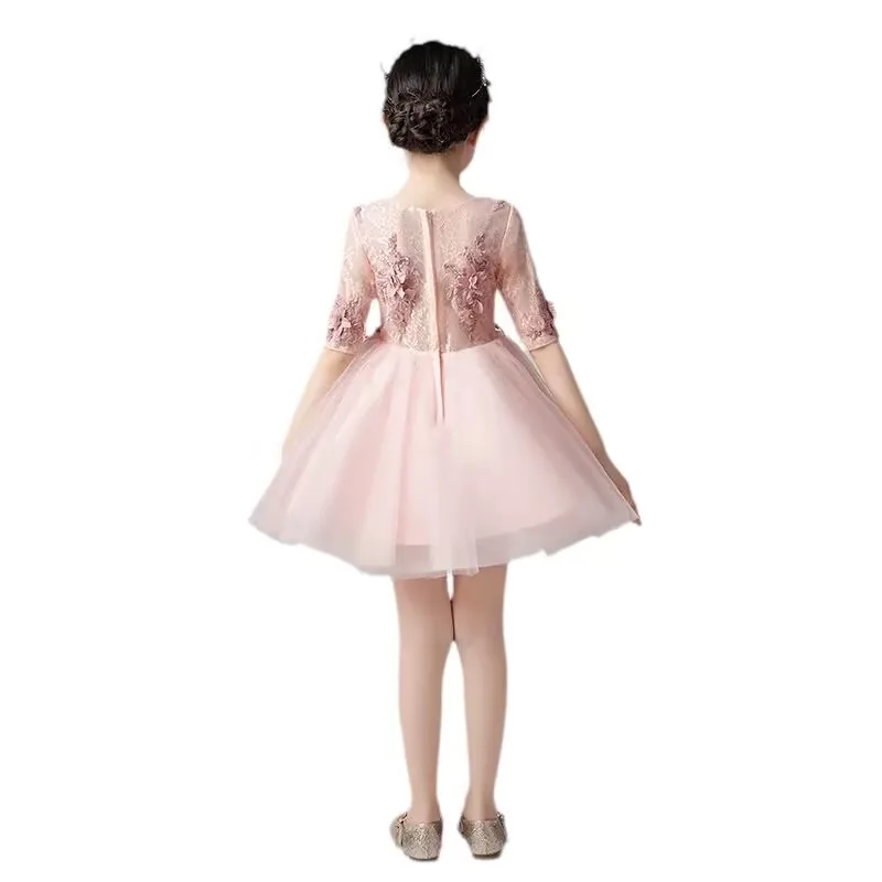カスタマイズされた聖体拝領用ヌードピンクフラワーガールドレス半袖プリーツチュールボウベルトパーティードレス