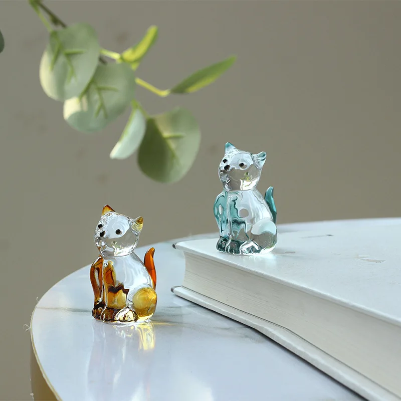 Hand Blown Glass Cat Figurine Collectibles Craft Crystal Kitty Animal Statue Kitten Sculpture Home Table Decor