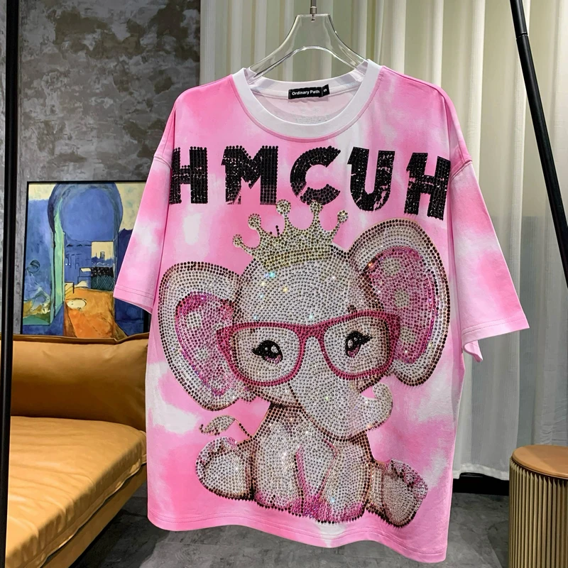 2022 New Summer Women Oversized Tops Trendy Cute Pink Age Reduction Short Sleeve T-shirt Elephant Hot Drill Tie-dye Loose Tees