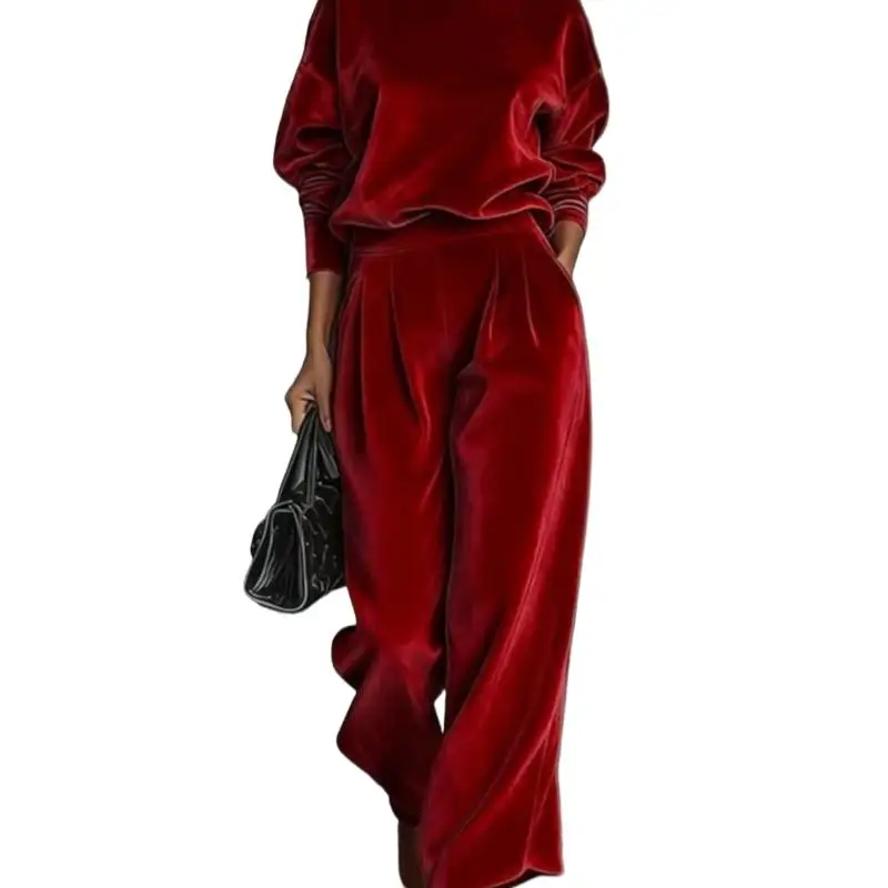 New Women Fashion Casual Warm Sportswear 2 Piece Sets Autumn Winter Velvet Long-sleeved Solid Color High-neck Wide-leg Pants Set