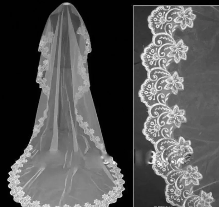 One Tier Lace Applique Edge Cathedral Length White Ivory Long Bridal Veils Wedding Accessories