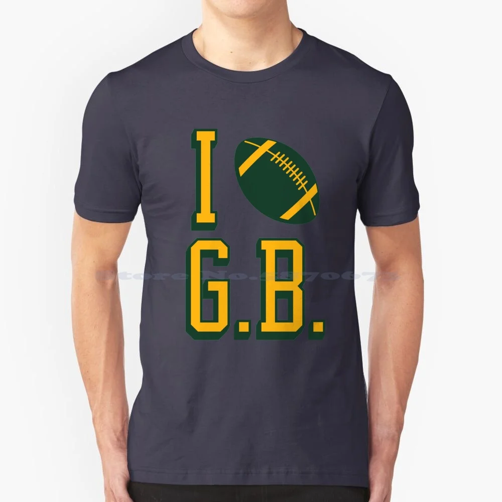 I Love Gb Football-White T Shirt 100% Cotton Tee Packers Go Pack Go Vintage Retro Cheeseheads Cheese Heads Brett Favre I Love