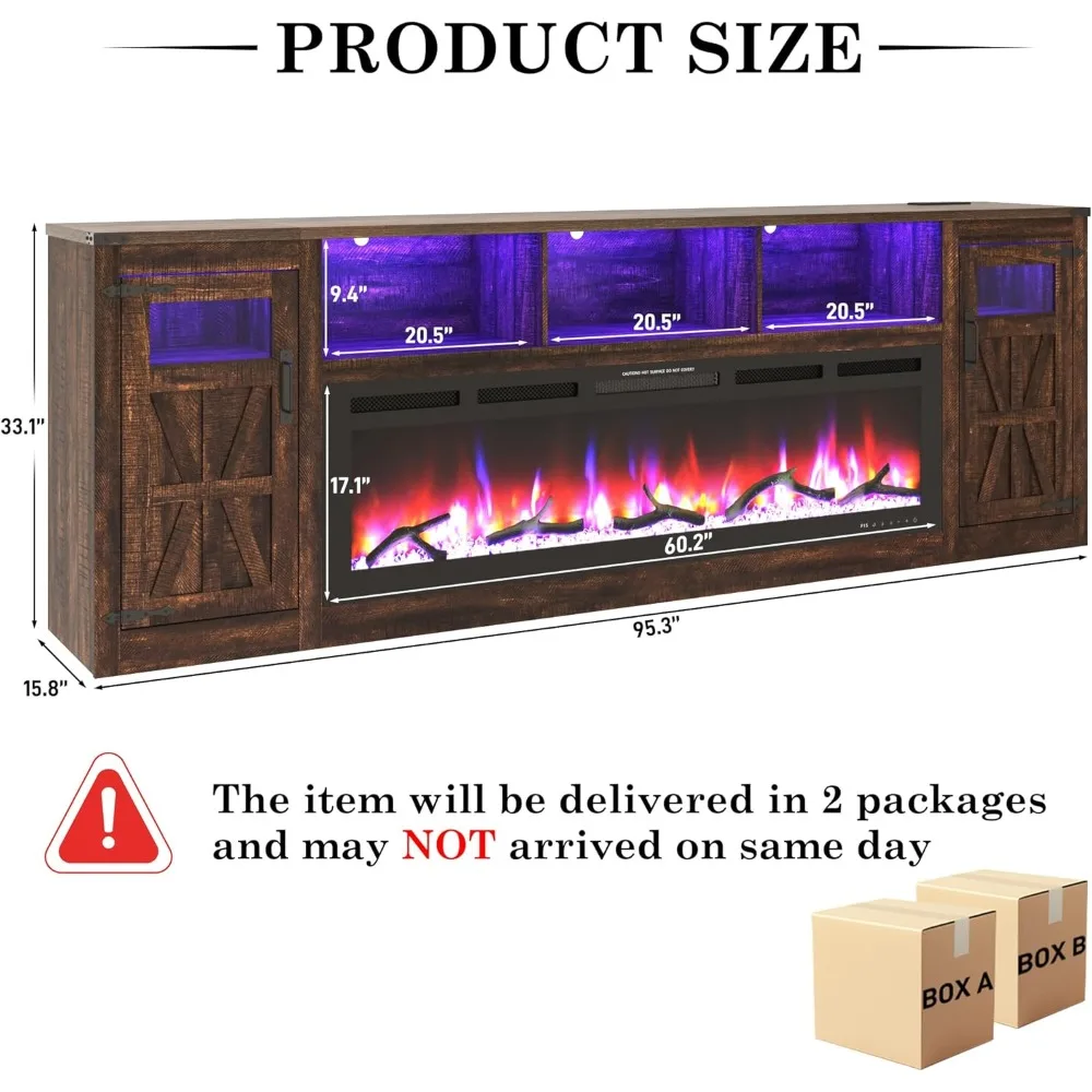 Meja TV dengan Perapian untuk TV 100 Inci, Pusat Hiburan Gaya Farmhouse 95 dengan Perapian Listrik 60 & Lampu LED, Konsol Media Besar