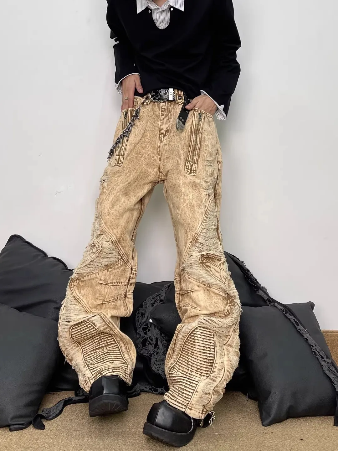 Washed out Brown Men's Jeans Heavy Duty Design Vintage Style Loose Fit Straight Leg Casual Trousers for Teenagers And Adults