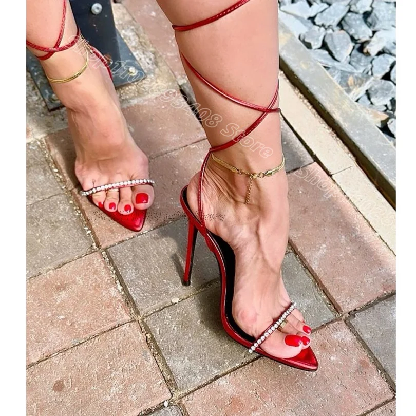 Red Crystal Decor Ankle Strap Sandals Open Toe British Style Casual Stiletto Women Summer Sexy Shoes 2024 Zapatos Para Mujere