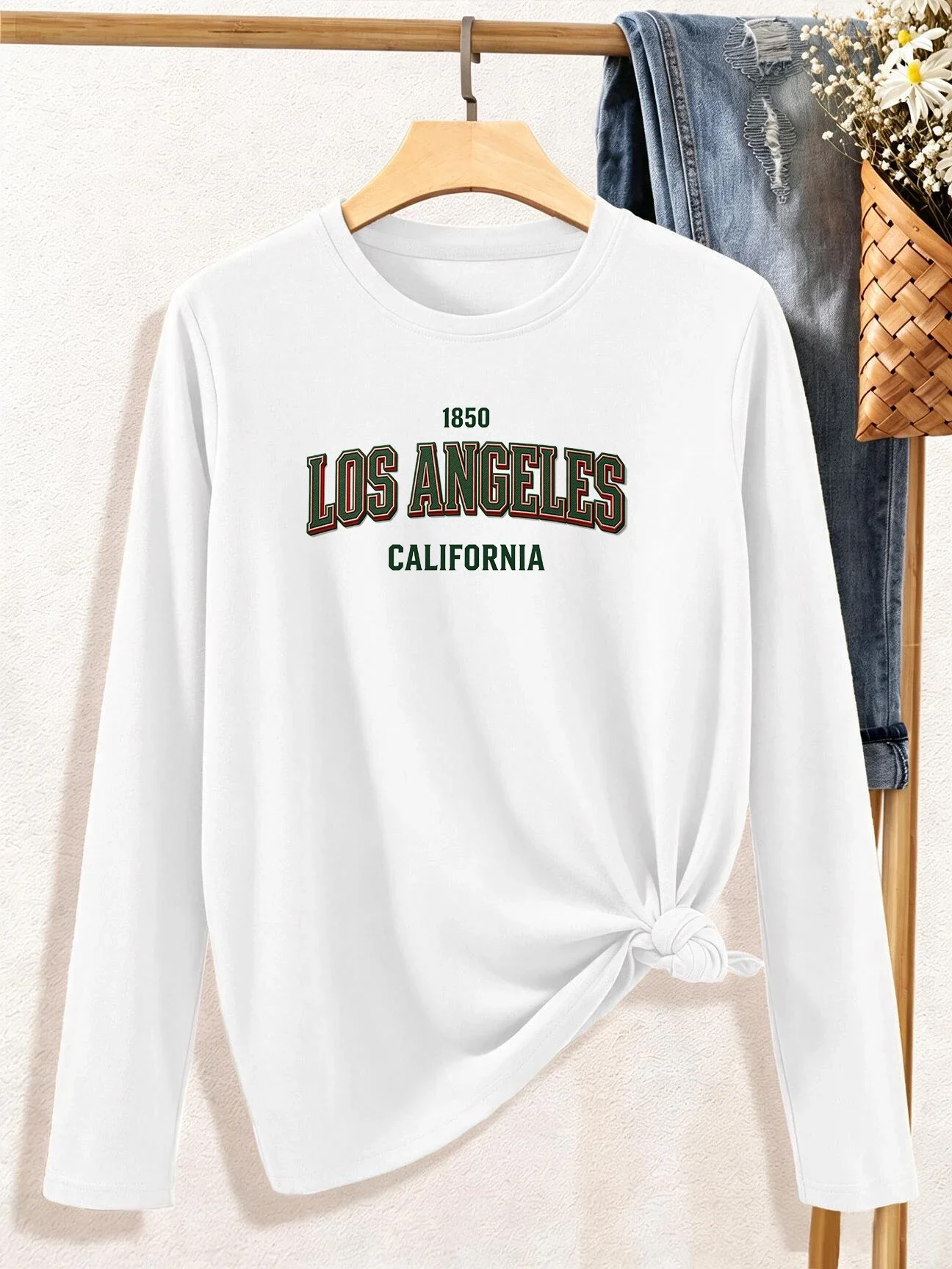 Letter Los Angeles 1850 Print T Shirt Girl Long Sleeve Crew Neck Casual Tees Tops for All Seasons Women's T-shirt Clothes Outfit