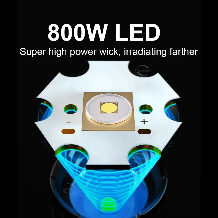 1000000LM Most Powerful LED Flashlight 10000mah High Power Torch Rechargeable 800W Spotlights Tactical Flashlights Lighting 4km