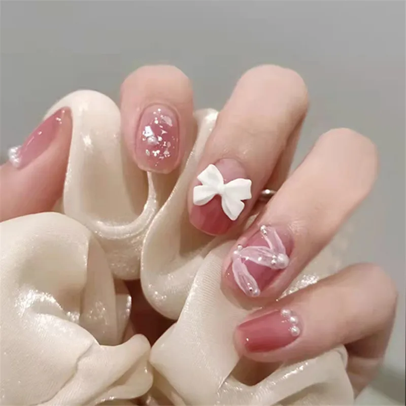 Wearing Nail Removable Short Ice Transparent Sweet Powder Gradual Halo Dyed Ribbon Pearl False Nail Patch Women Nail Patch